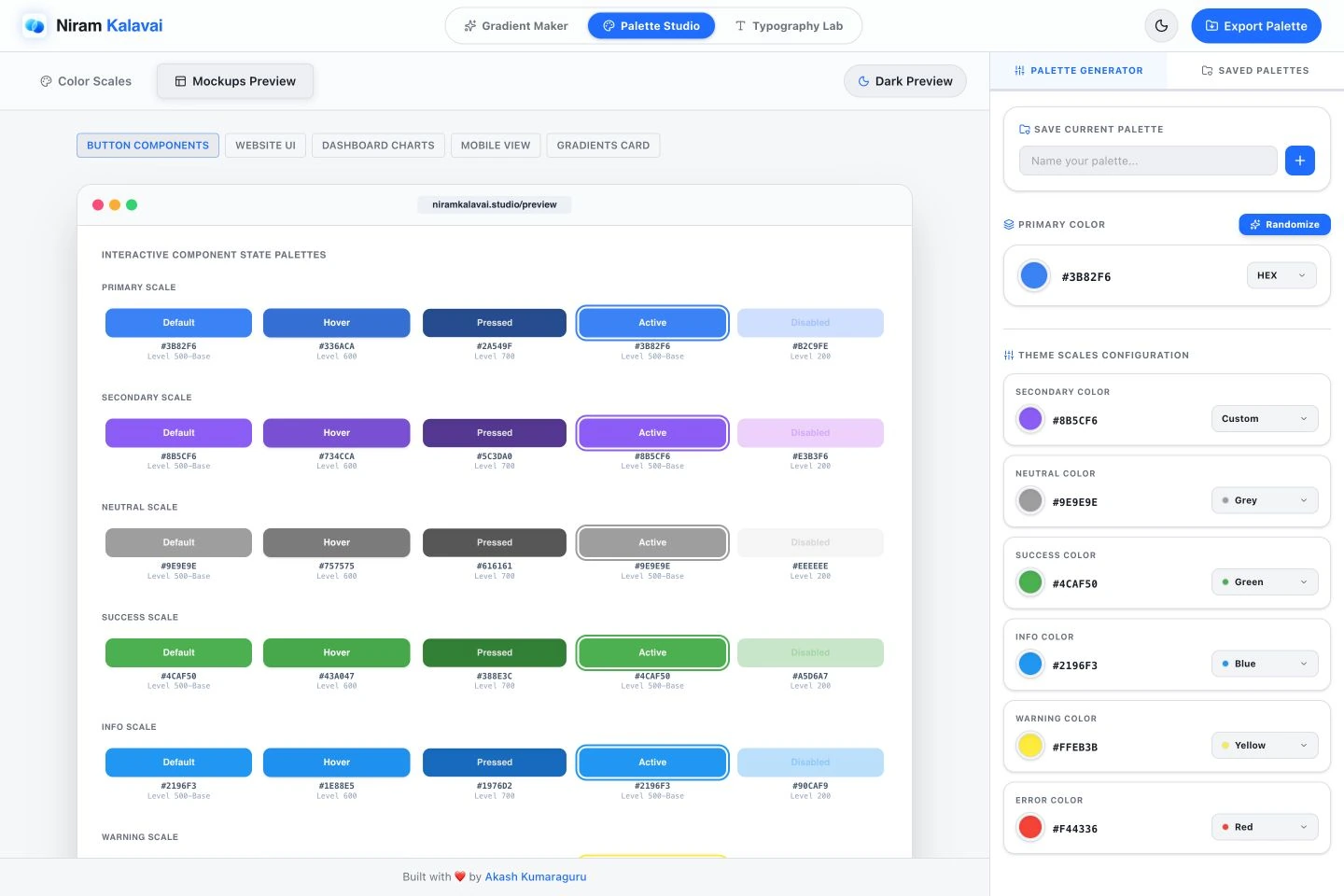 Palette mockup preview showing default, hover, pressed, active, and disabled button states