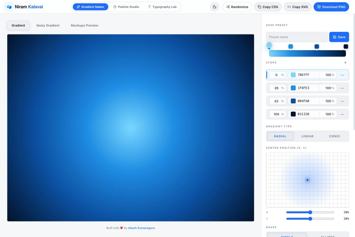 Gradient Maker with a blue radial preview, colour stops, radial controls, and generated CSS