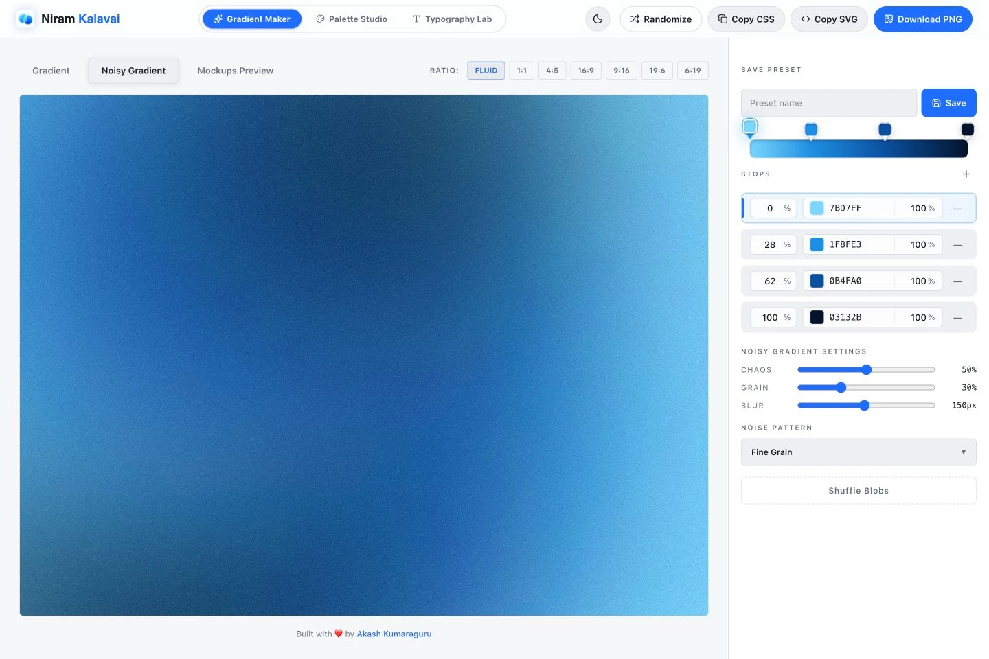 Noisy Gradient editor with grain, chaos, blur, noise pattern, and aspect ratio controls