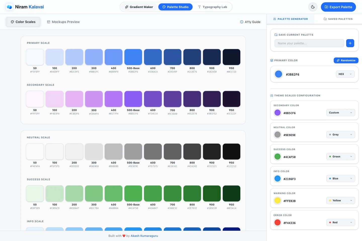 Palette Studio showing eleven shades for primary, secondary, neutral, and semantic status colours