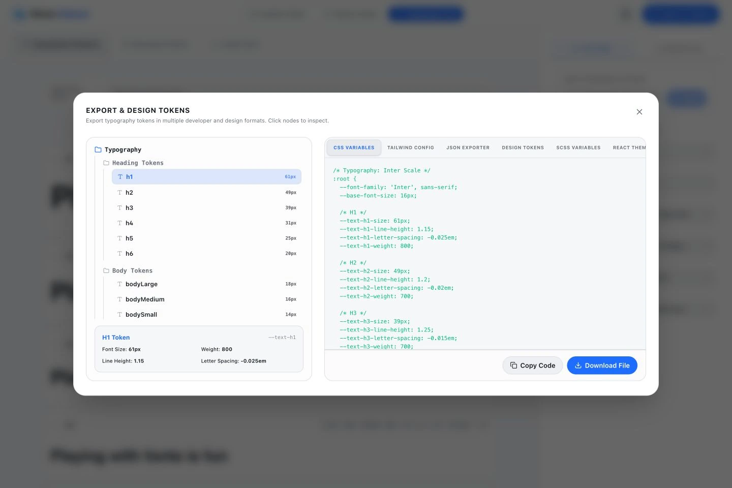 Typography export dialog showing a token tree, inspected H1 values, generated CSS variables, and copy and download controls